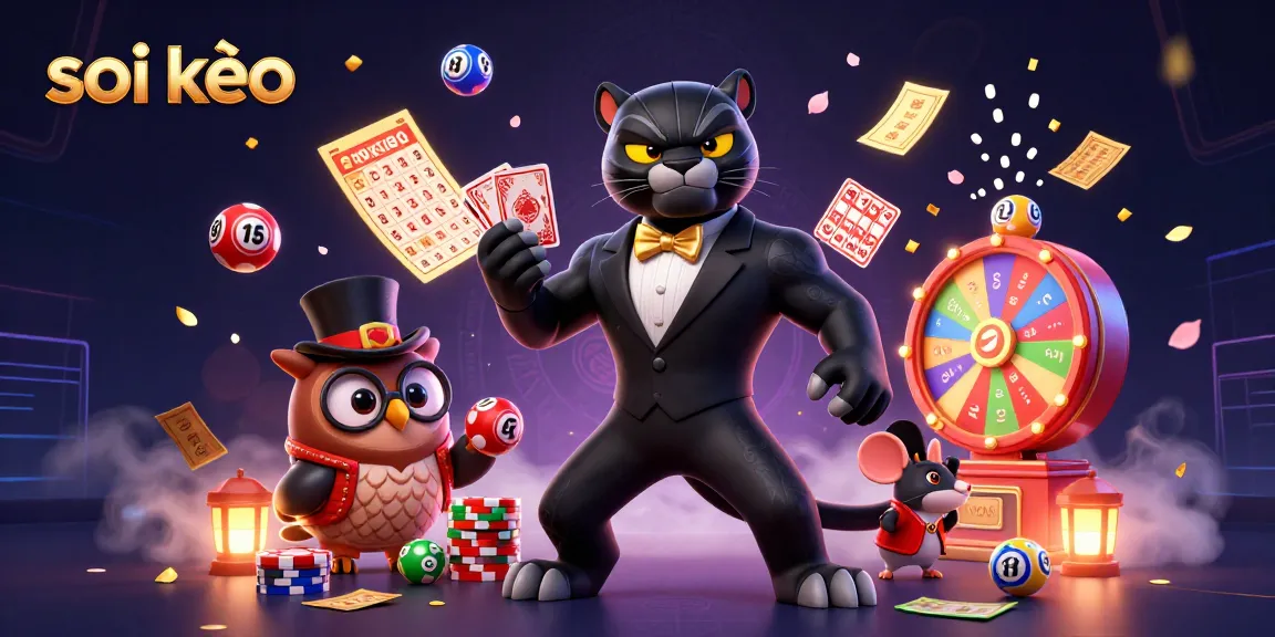 Engage with soi kèo at a vibrant sports betting scene featuring a stylized cartoon panther, owl, and mouse.