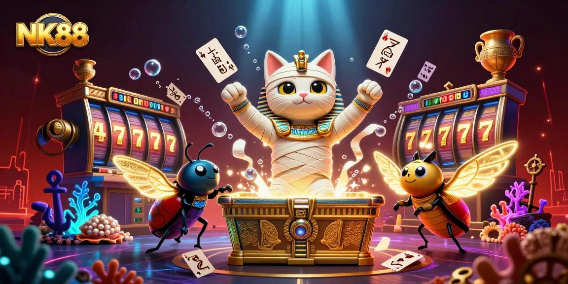 Experience the thrill of gaming with NK88 featuring a dynamic casino scene with Egyptian motifs and vibrant gaming elements.