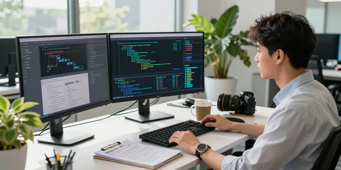 An engaged data scientist analyzing agentic AI algorithms in a bright tech office.