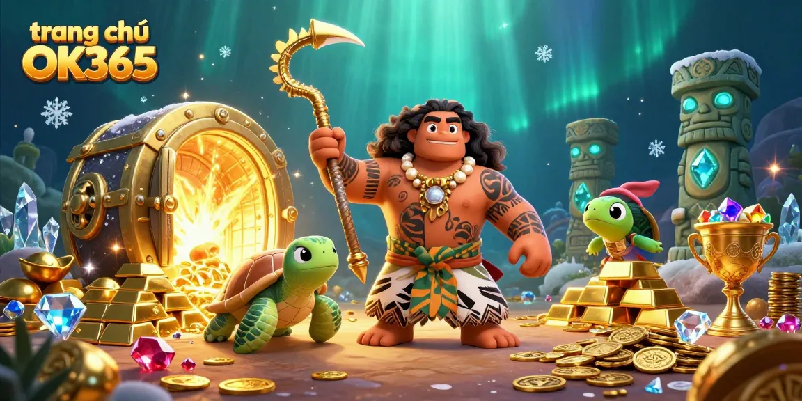 Experience winning strategies at trang chủ OK365 with a vibrant casino illustration featuring dynamic characters and treasure.