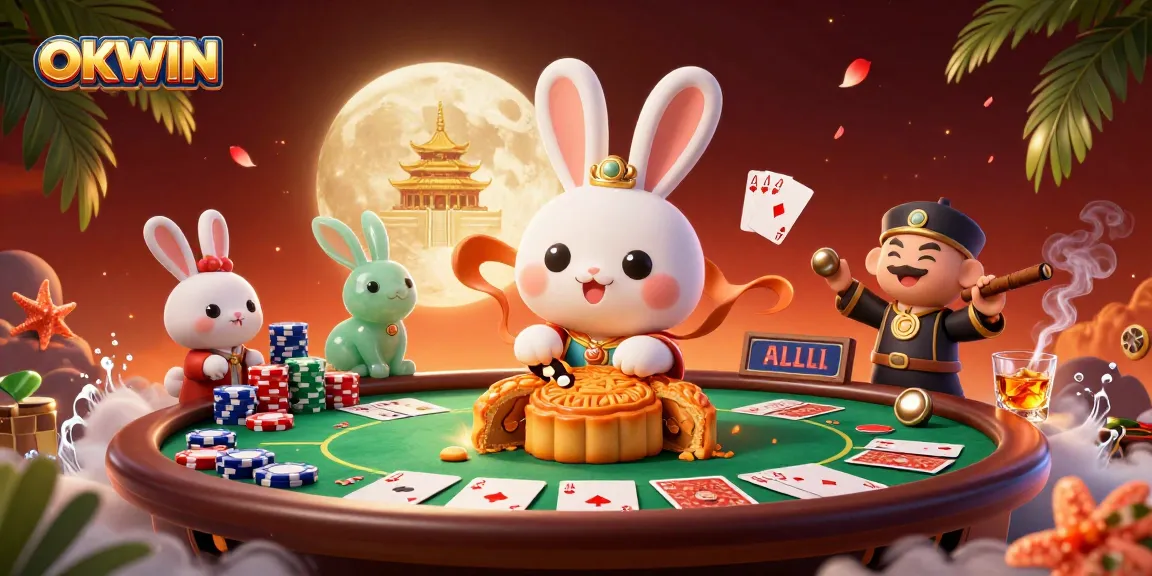 Experience the thrill of OKWIN with poker chips bursting from golden mooncakes in a vibrant 3D casino scene.
