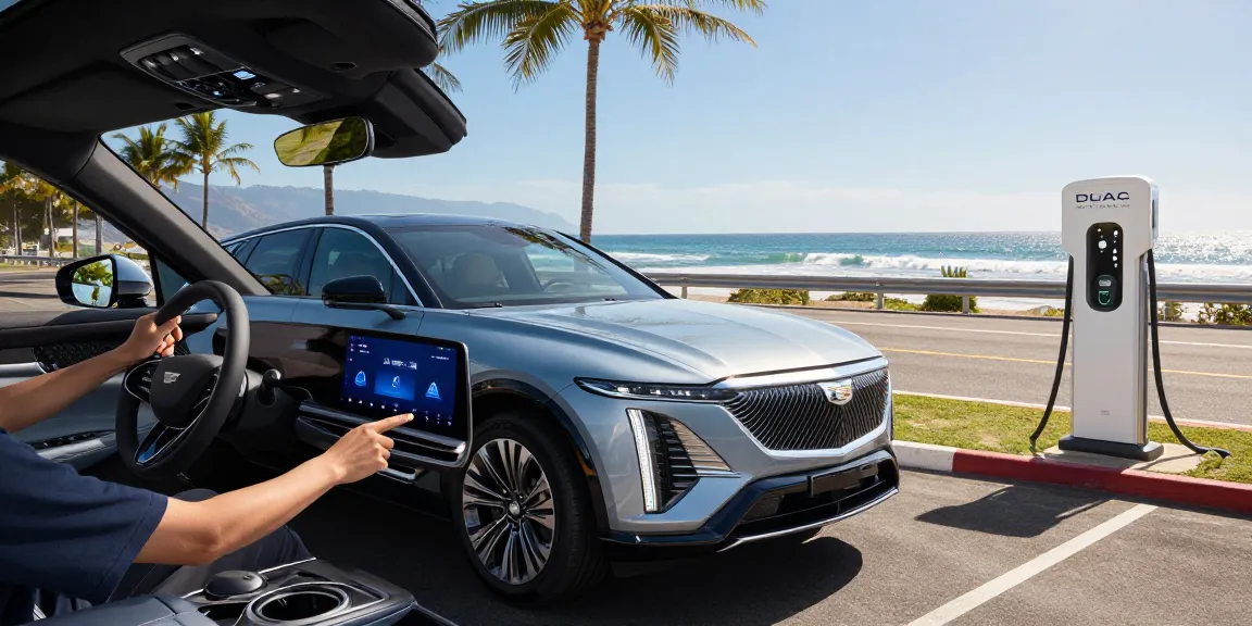 The Cadillac Lyriq parked on a coastal highway, highlighting how the driving modes in Cadillac Lyriq offer different ranges or battery usages, with settings adjusted for optimal performance.