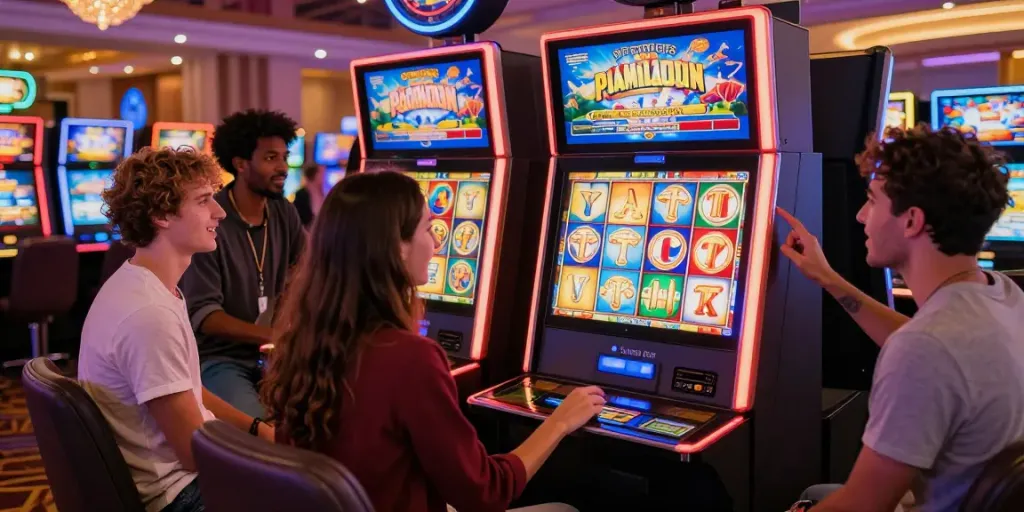 Mesin slot dengan pemain bahagia yang menikmati pengalaman bermain di kasino modern.