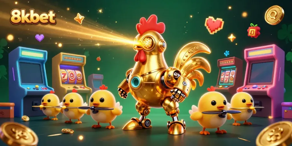 Engage with 8xbet through a vibrant casino-themed 3D illustration showcasing a futuristic golden rooster and playful drones.