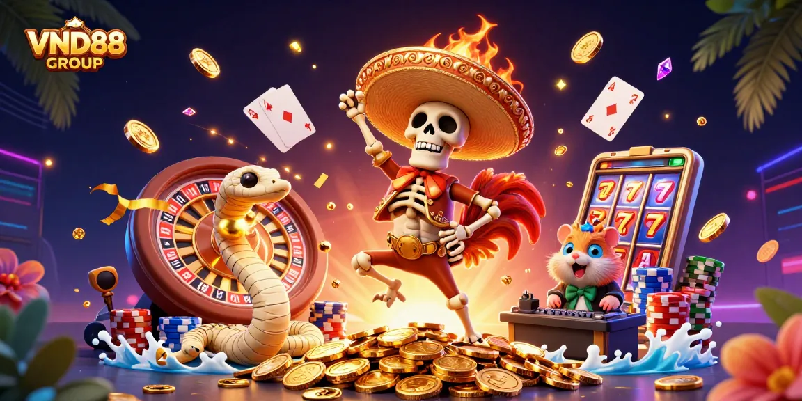 Experience vibrant celebration at VND88 GROUP with a mariachi rooster dancing amidst gold coins and exciting casino elements.