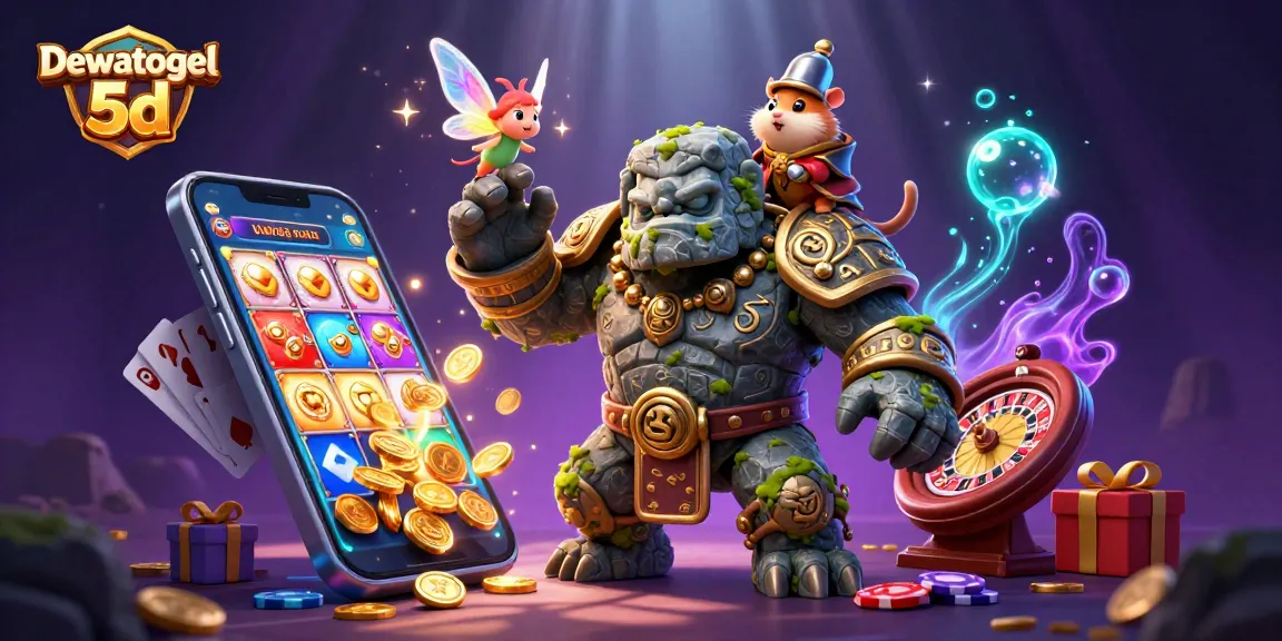 Dewatogel 5d shows an animated golem and friends amidst slots and cards, inviting gamblers to play.