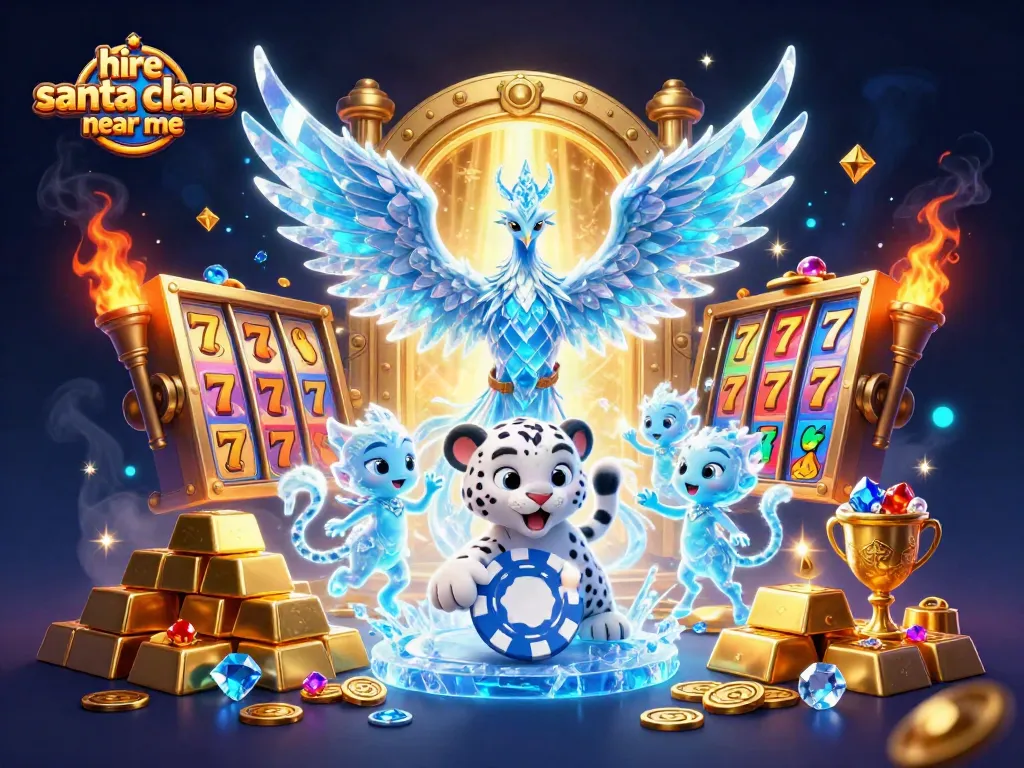 Engaging scene of a playful snow leopard and phoenix representing hire santa claus near me with festive casino elements.