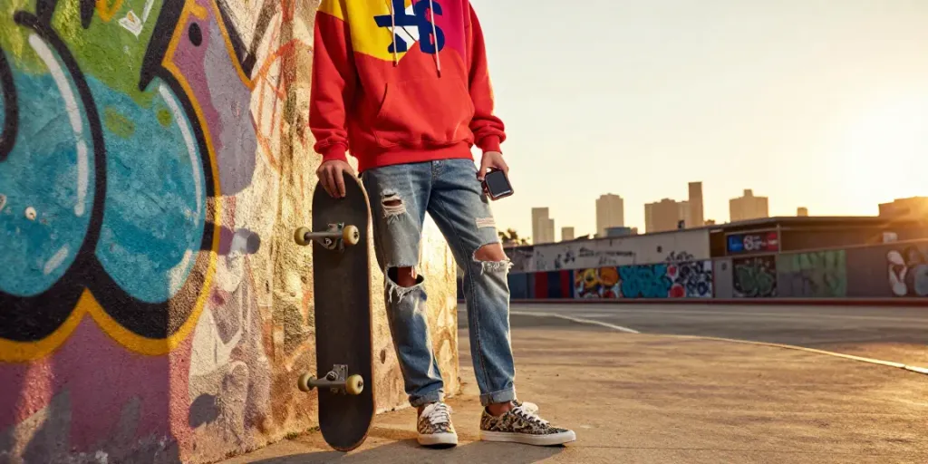 Young adult in trendy streetwear showcasing rokok88 lifestyle against a graffiti backdrop.