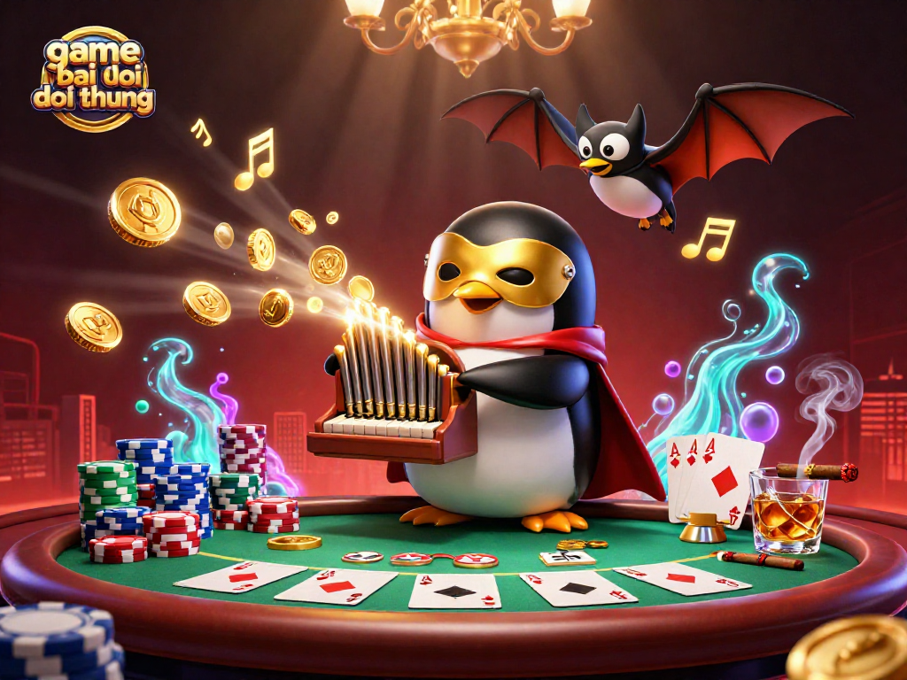 Experience game bai doi thuong with a whimsical penguin organist, poker action, and golden coins!