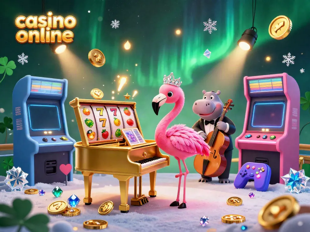 Enjoy the vibrant casino online atmosphere featuring a flamingo singer and hippo bassist amidst dazzling game elements.