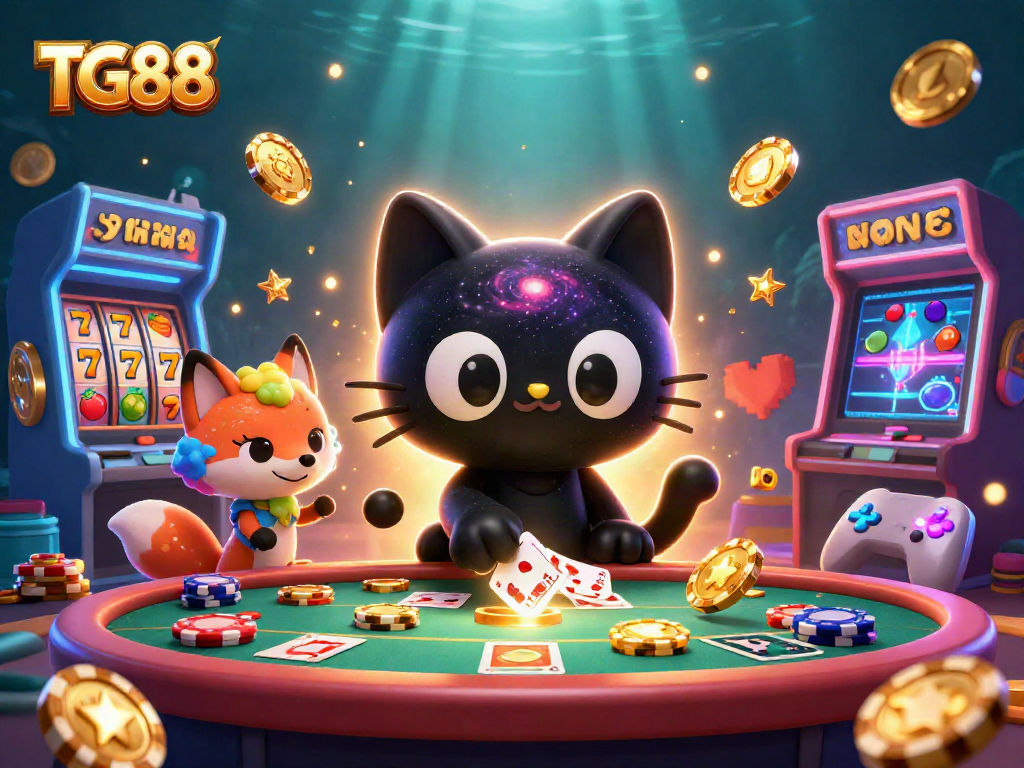 Engage in exciting casino gameplay with TG88, featuring a whimsical cosmic scene of a cat and fox.