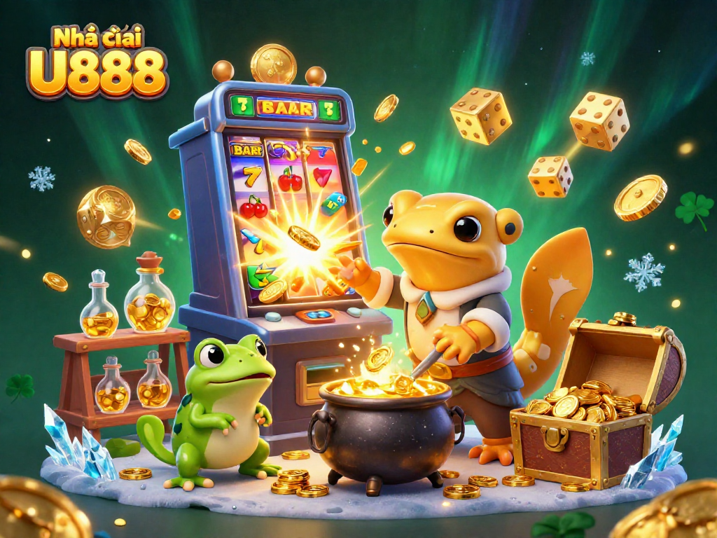 Experience the thrill of Nhà cái U888 with golden alchemists, jackpot symbols, and a vibrant casino setting.