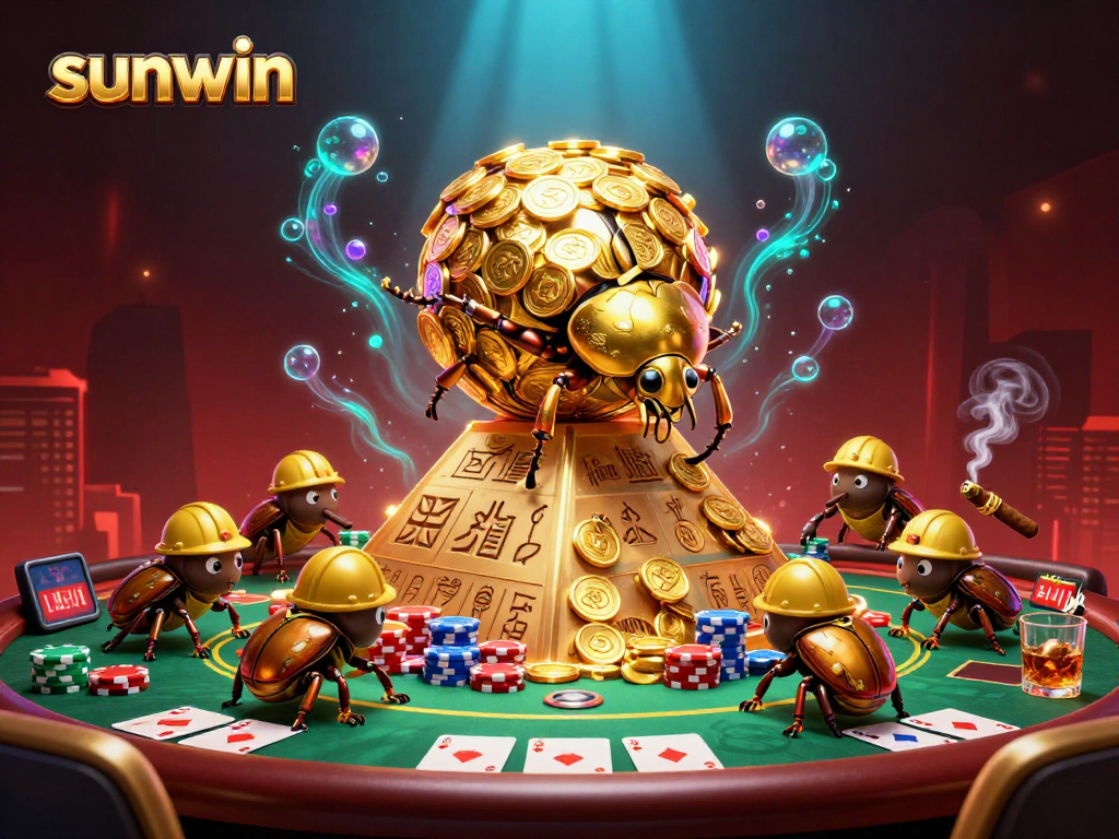 Experience the thrill of sunwin as beetles roll golden coins amidst poker and casino symbols.