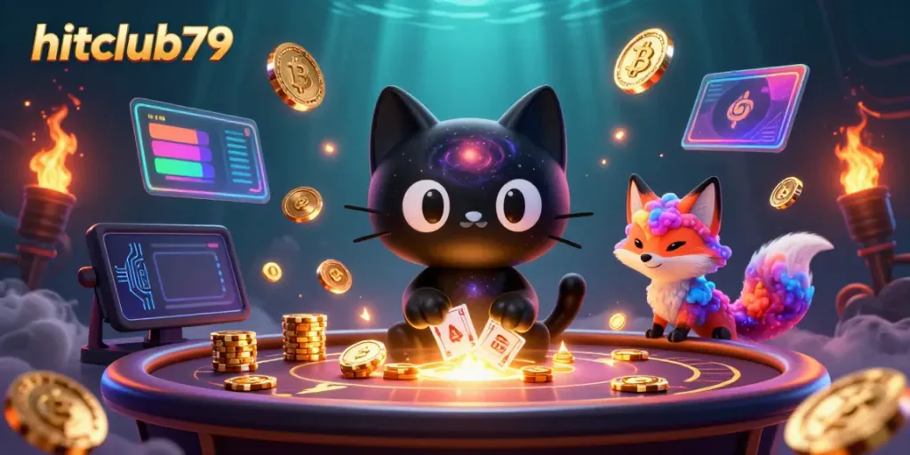 Experience the excitement of hitclub79 as the black hole cat draws in golden chips and cards amidst a vibrant casino.