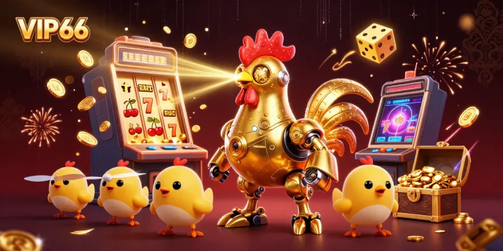 Experience excitement at VIP66 with a vibrant 3D casino scene filled with games, golden coins, and dynamic characters.