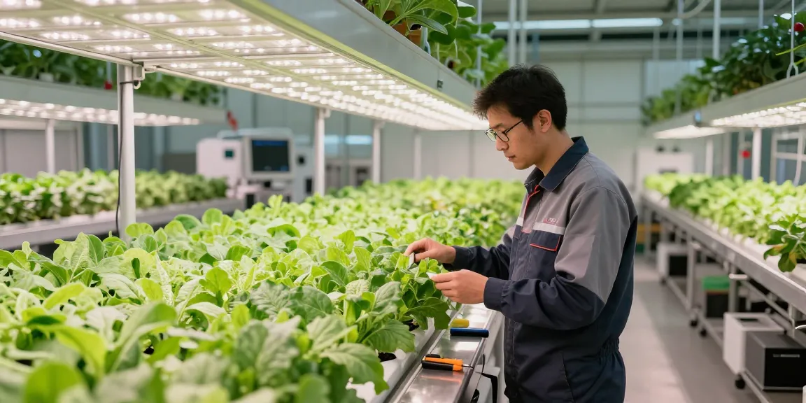Expert horticulturist examining crops in a CIKA4D indoor agriculture facility