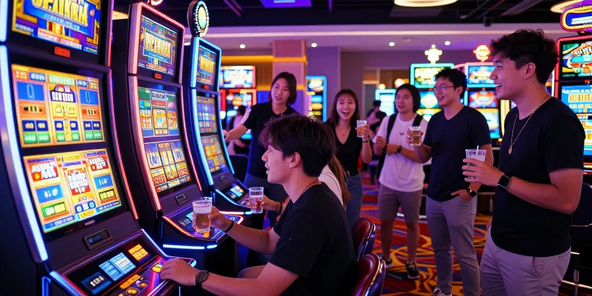 Engaged player at a dewa slot machine in a lively casino with vibrant atmosphere.