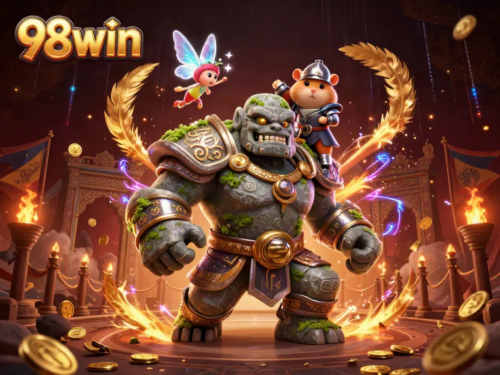 Join the thrilling action at 98win with a magical golem, fairy, and hamster knight in this dynamic casino scene.
