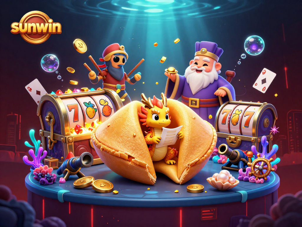 Immerse in sunwin's vibrant gaming scene featuring a golden fortune cookie and epic characters.