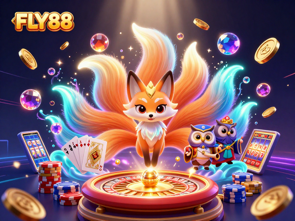Experience thrilling gameplay at FLY88 with captivating graphics of a nine-tailed fox and owl amidst vibrant casino elements.