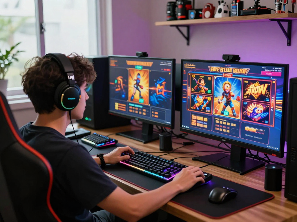 Engaging player enjoying situs slot online in a vibrant gaming setup with dynamic visuals.