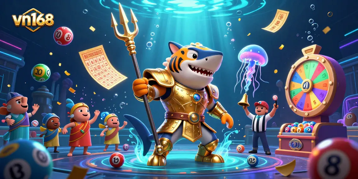Win exciting prizes with vn168 as a tiger shark gladiator battles in a vivid underwater casino.