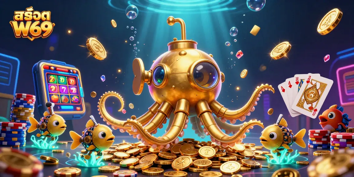 Experience สล็อต W69 with dynamic slot reels and golden treasures in this vibrant casino-themed illustration.