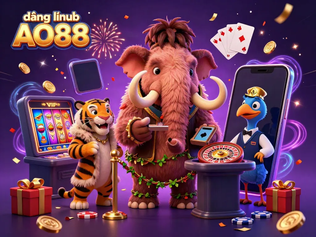 Experience the vibrant atmosphere of đăng nhập AO88 with a smiling bouncer, VIP guests, and an explosion of gaming elements.