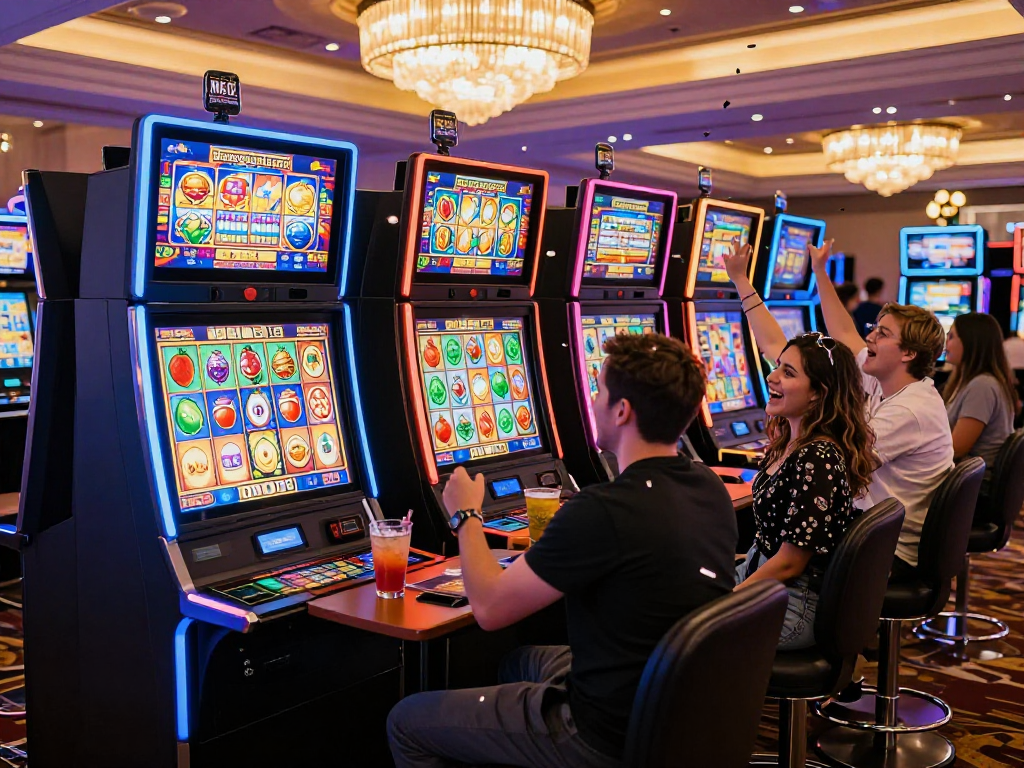 Group celebrating a huge slot jackpot win in a vibrant casino atmosphere.