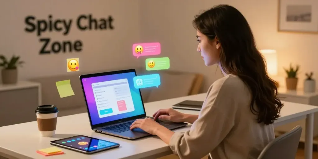 Engaging in a spicy chat with vibrant tech elements and a modern setting.