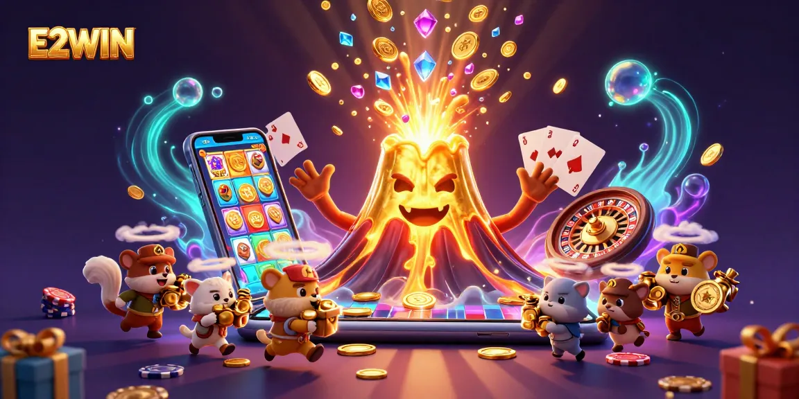 E2WIN showcases a triumphant volcano erupting coins and gems amidst a vibrant casino scene filled with dynamic gaming elements.