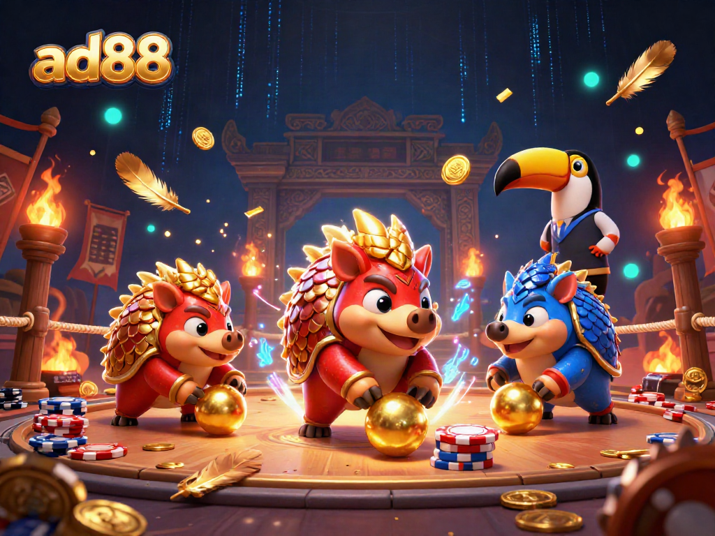 ad88 animated pangolin duel with poker chips and vibrant casino effects