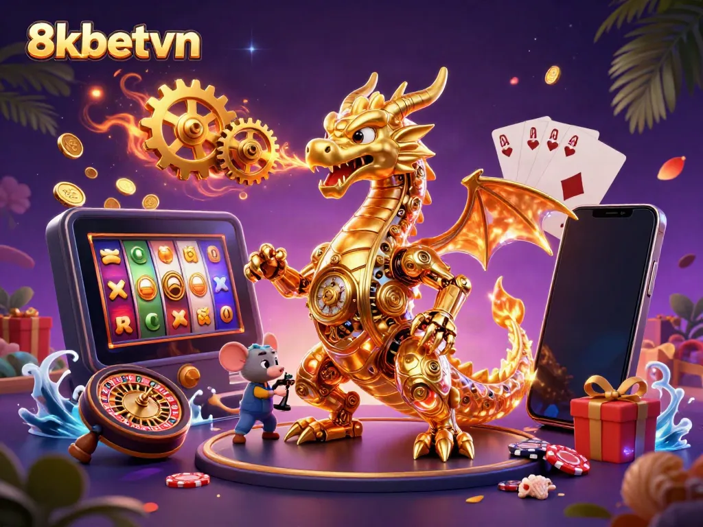 Experience thrilling gameplay at 8xbetvn with a golden dragon highlighting innovative slot action.