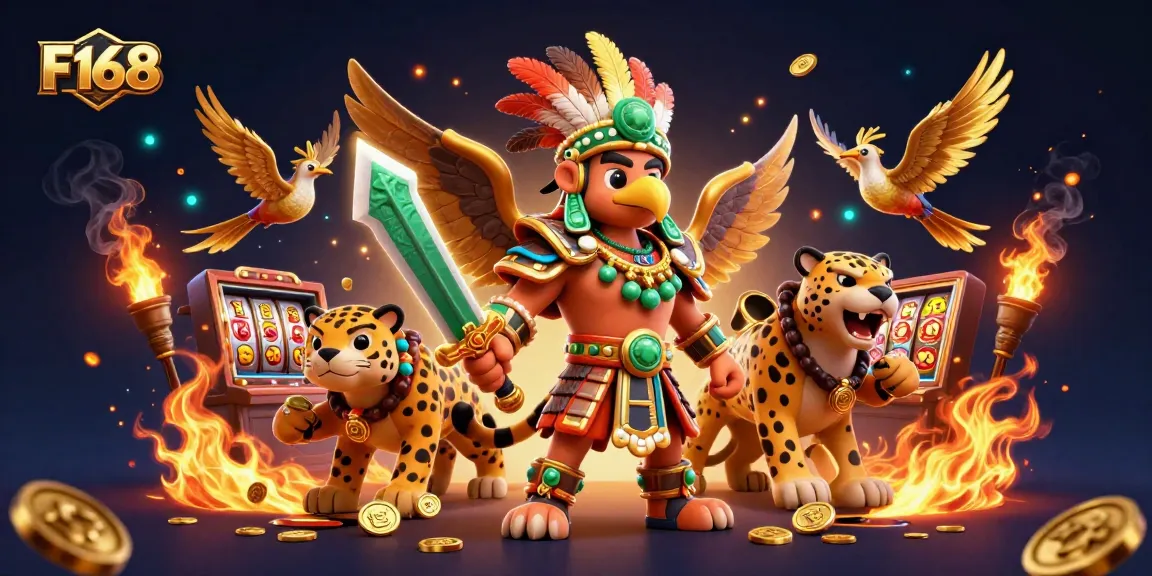 Experience the thrilling ambiance of F168 with a vibrant casino illustration featuring Aztec warriors and golden gaming elements.