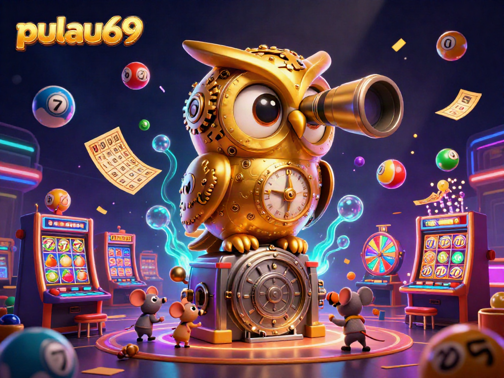 Pulau69's bustling casino scene showcases a golden owl overlooking energetic gameplay with vibrant lottery balls and game symbols.