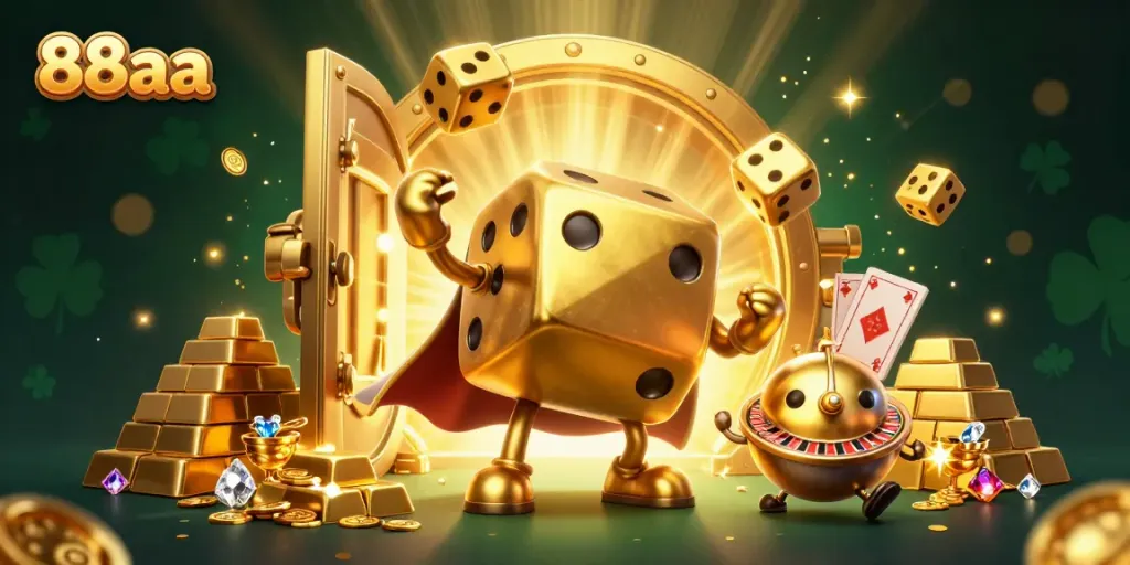 Engage with 88aa's exciting gaming universe featuring a golden dice golem alongside vibrant casino elements.