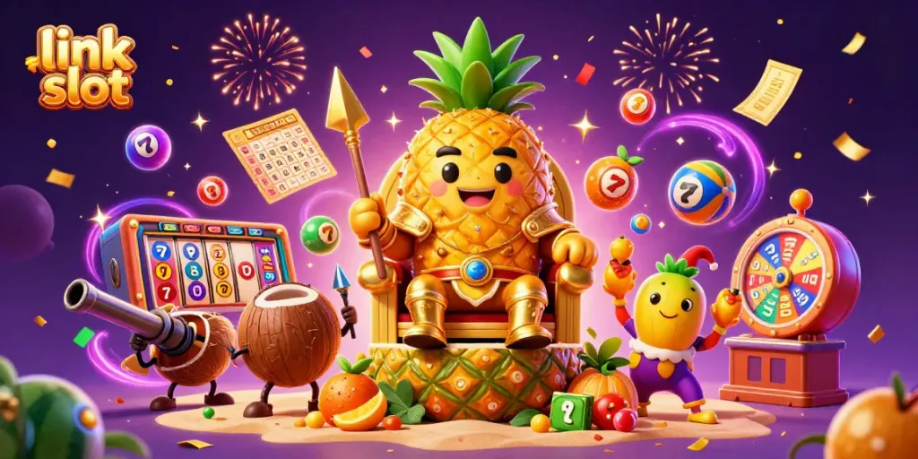 Engage with vibrant "link slot" themes, featuring a golden pineapple king and lively gambling elements.