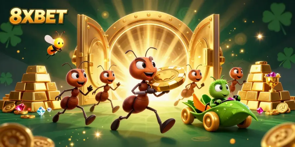 Engage with 8XBET through a lively illustration of cartoon ants on a heist adventure with golden poker chips.
