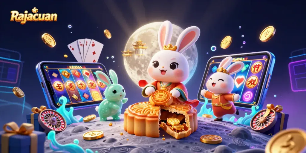 Experience Rajacuan thrills with a vibrant scene of moon rabbits celebrating jackpots in a dynamic casino setting.