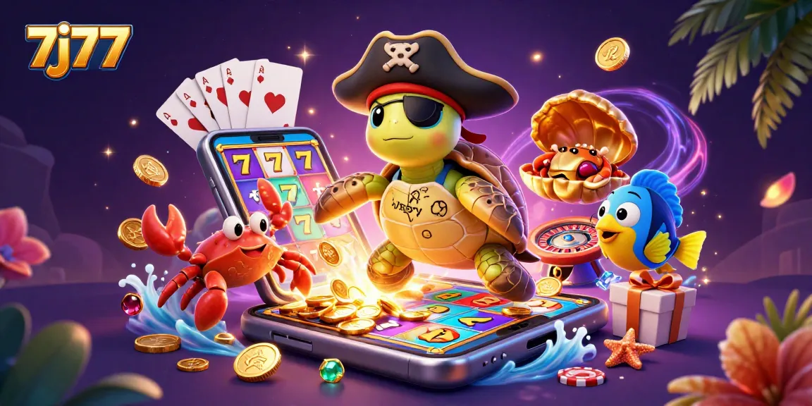 Spin and win with 7j77 as the pirate turtle and friends uncover slot treasures in a vibrant casino adventure.