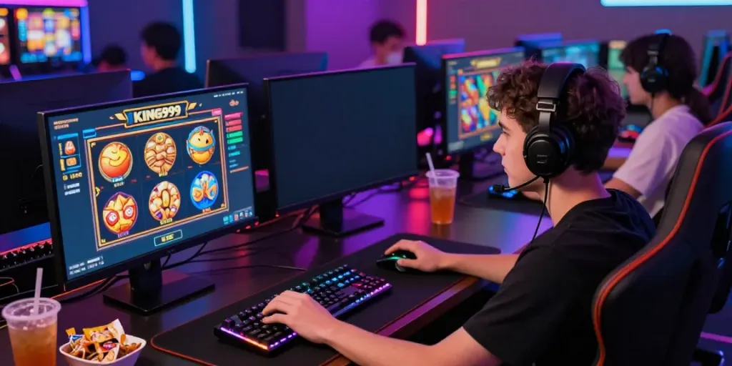 Engaged player enjoying KING999 online slots with vibrant graphics and gaming setup.