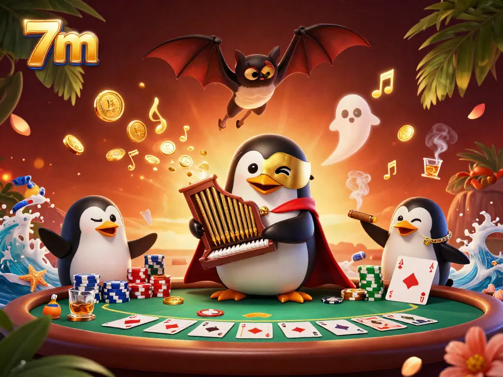 Engage with 7m's captivating gaming experience featuring a phantom opera penguin at a dynamic poker scene.