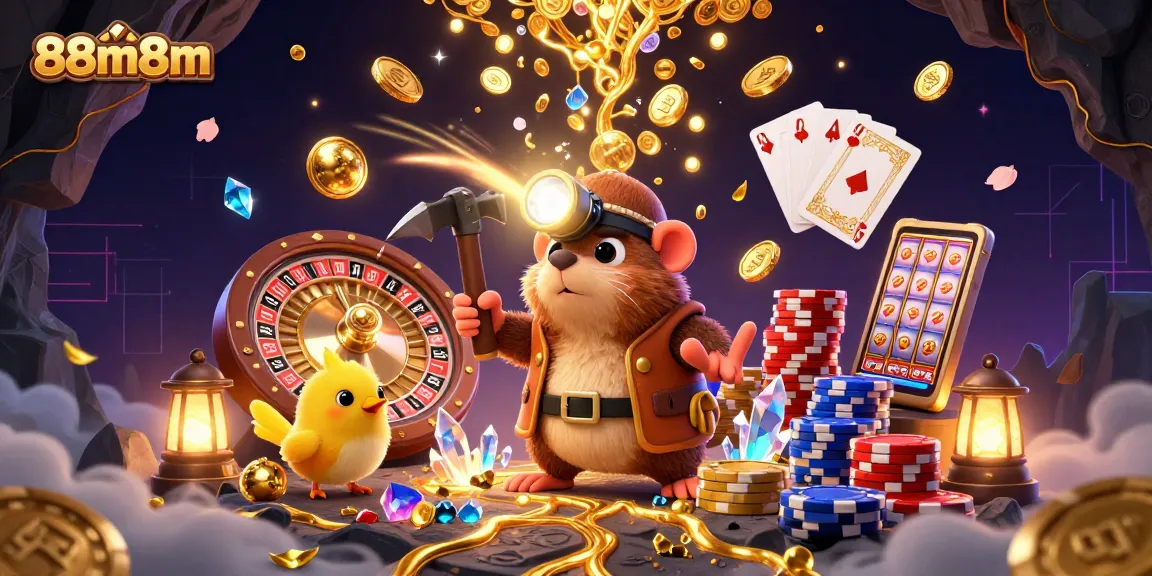 Mining for treasures in the 88m8m casino with the lucky mole and golden gems flying around.
