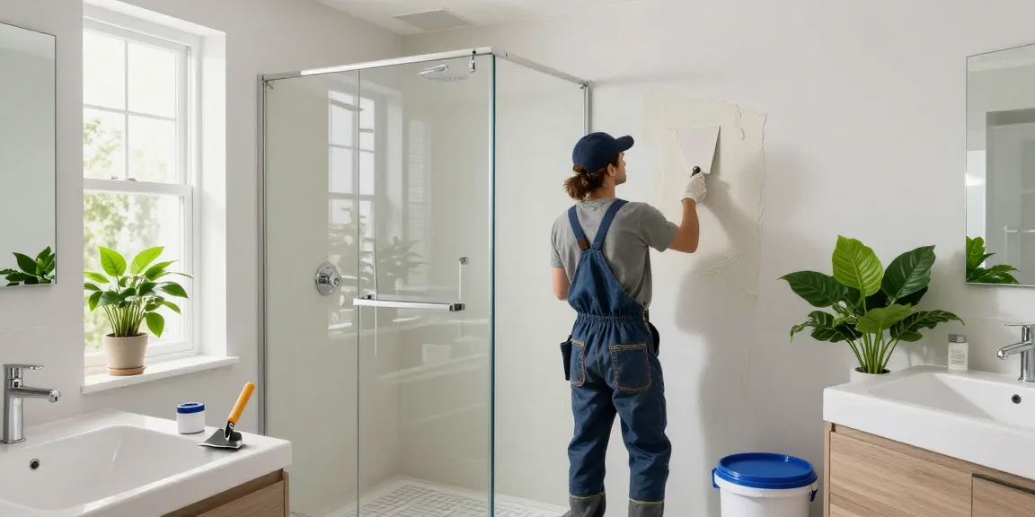 Fugenloses Bad selber machen: DIY-Enthusiast bei der Anwendung von Microzement in modernem Badezimmer.