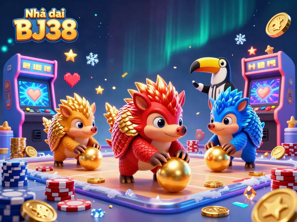 Engage with Nhà cái BJ38 through an exciting scene of pangolins bowling poker chips in a vibrant casino world.