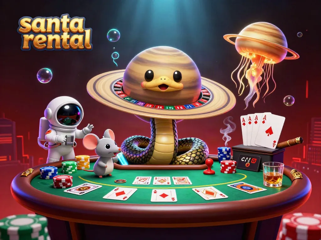 Experience the magic of a Santa rental amidst colorful casino elements, featuring aroulette-inspired scene with vibrant characters.
