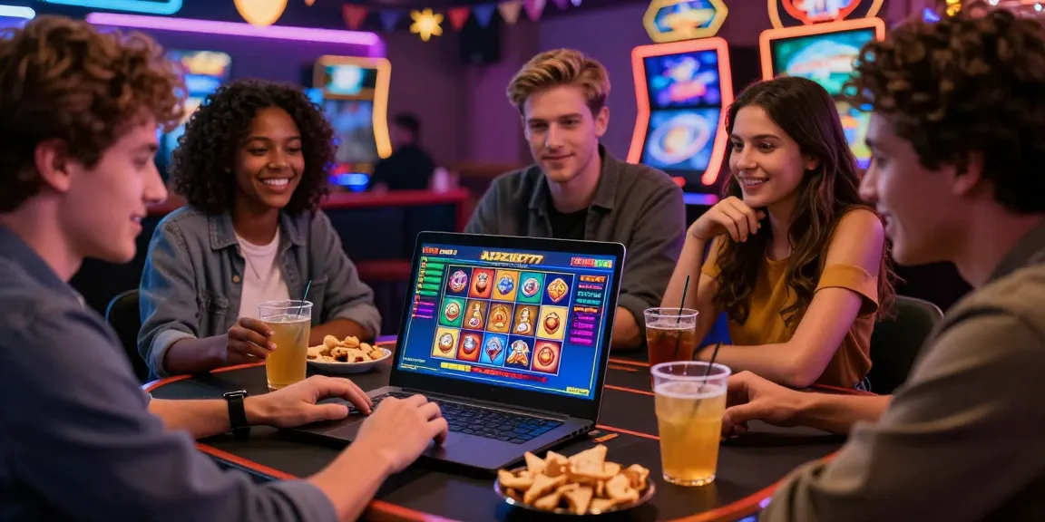 Group of friends enjoying a situs judi slot gaming night on a laptop surrounded by snacks.