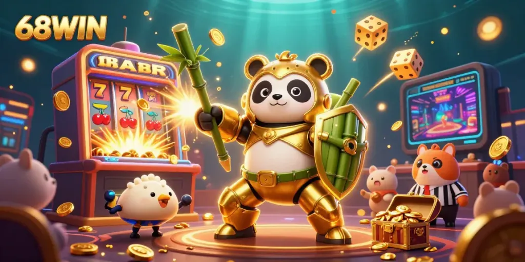 Experience 68WIN's vibrant casino environment with a golden panda in a mech-robot, lively game elements.