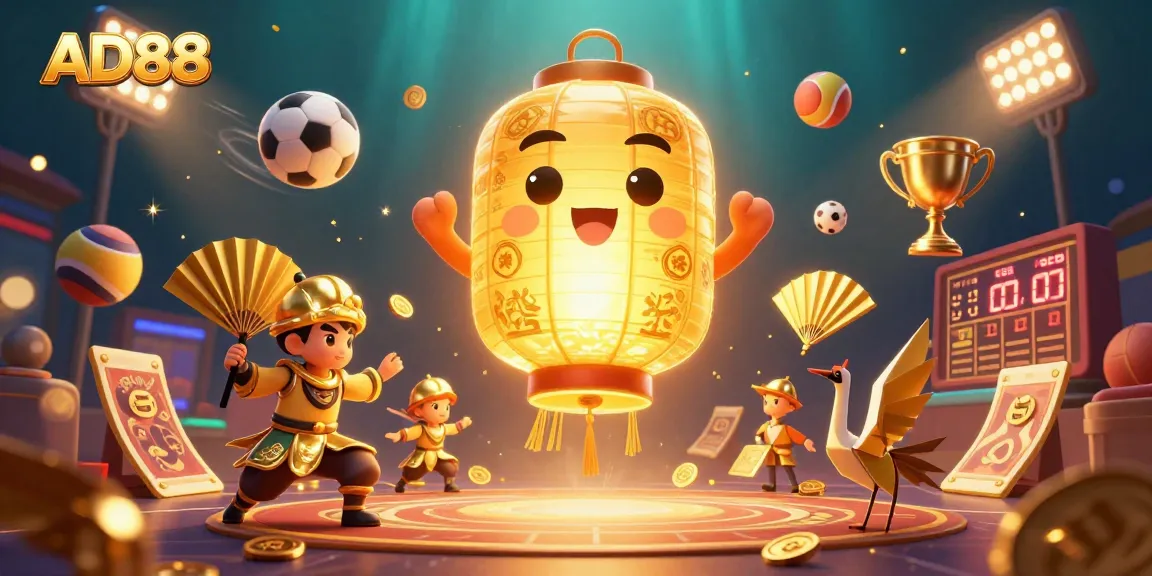 Engage with AD88 through a vibrant 3D illustration showcasing dynamic sports betting elements.