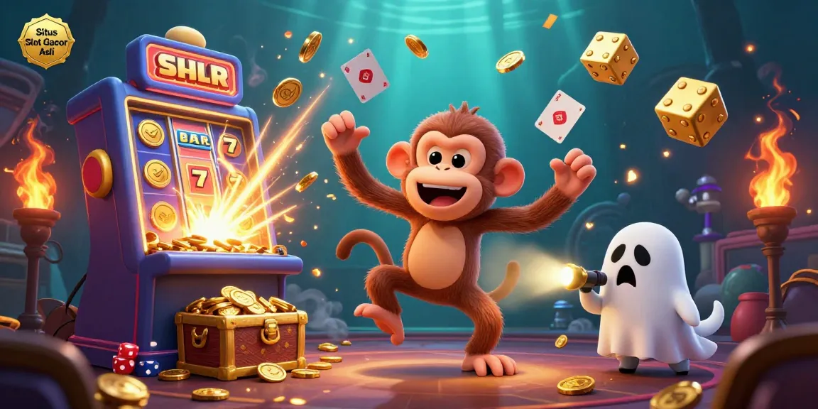 SItus Slot Gacor Asli shows a playful ghost monkey and puppy in a vibrant casino scene.